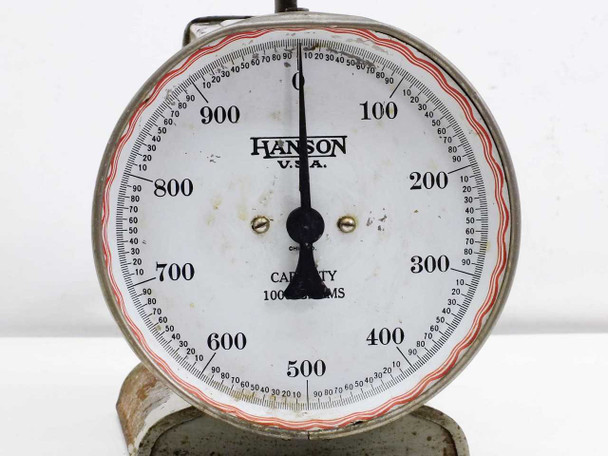 Hanson Brothers USA 1000g capacity dial face close-up showing gram markings and 2g increment graduations