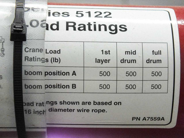 Thern 5122 Series load rating label – 500 lb capacity both boom positions, PN A7559A