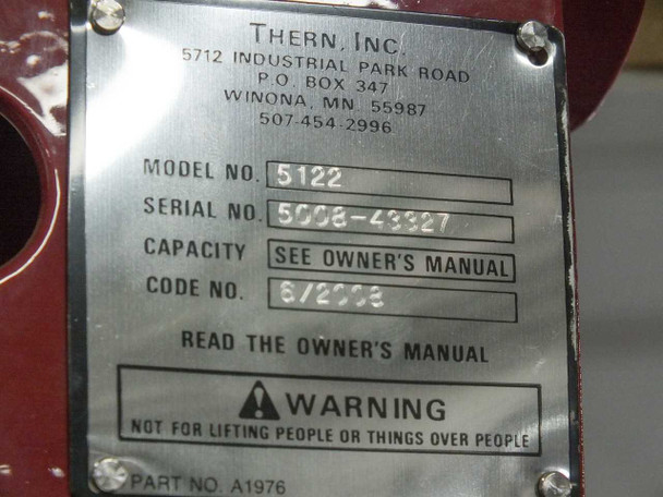 Thern 5122 data plate – model 5122, serial number, code 6/2003, part number A1976, warning label