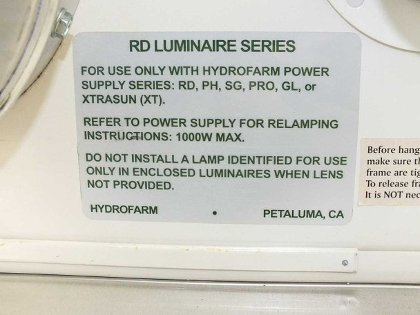 Hydrofarm RD Luminaire Series compliance label — for use with Hydrofarm power supply series RD, PH, SG, PRO, GL, or XTRASUN (XT), 1000W max, Hydrofarm Petaluma CA