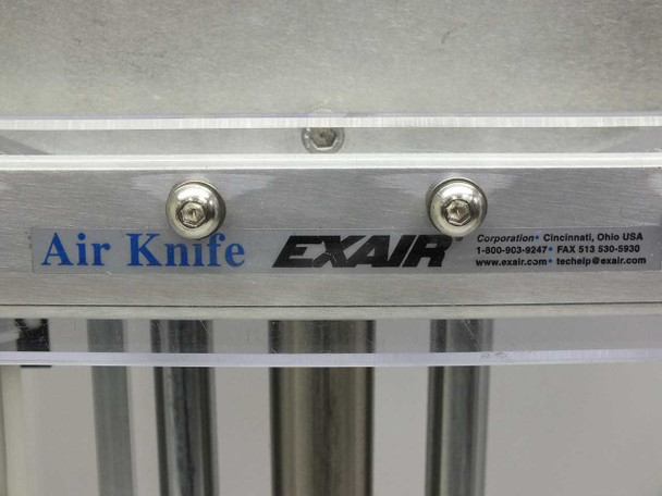 Exair Air Knife 110018SS – close-up of stainless steel body label reading 'Air Knife EXAIR Corporation Cincinnati Ohio USA' with two mounting screws