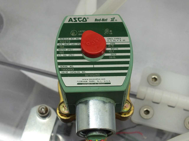 ASCO Red-Hat II solenoid valve – catalog 8210C093, 3/8 inch pipe, 150 PSI air/inert gas rating, 37/88 watts, date code 0010, Florham Park NJ USA