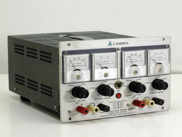 Lambda LPD 425 FM Dual Regulated Power Supply — front panel view showing four analog meters (2x DC Volts, 2x DC Amps), coarse/fine output voltage knobs, current limiter knobs, and binding post output terminals for both channels