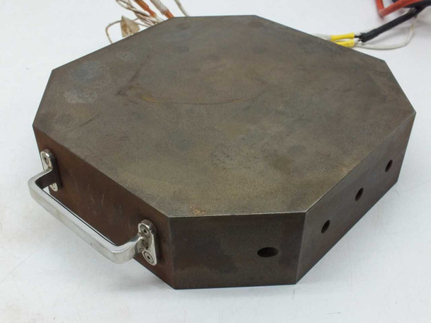 Steel resistance heating block – opposite side view showing second fold-down aluminum handle and vent holes
