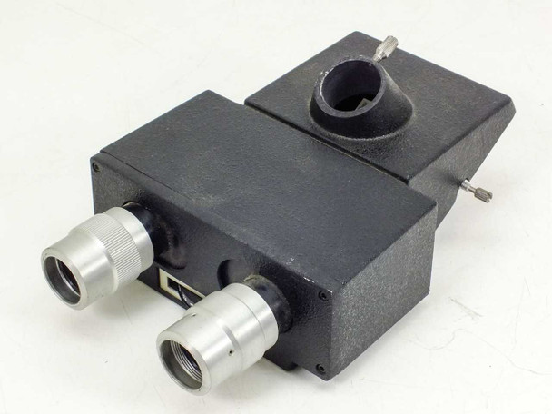 Binocular microscope head block with two adjustable eyepiece tubes and swivel photo port — front-left angled view