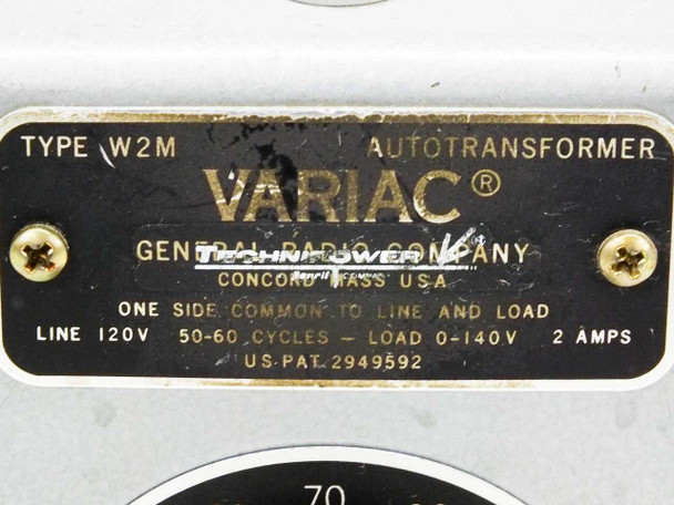 General Radio W2M Variac nameplate close-up — Type W2M, 120V line, 50-60 cycles, 0-140V load, 2 amps, US Pat. 2949592