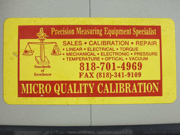 Micro Quality Calibration service sticker — precision measuring equipment specialist, phone 818-701-4969