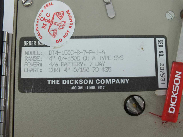 Dickson DT4-150C-B-7-P-1-A rating plate label showing model, range 0/+150C CU A Type SYS, power 4/6 battery 7 day, serial number 207931