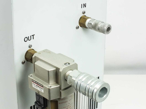 SMC IDF3C rear OUT and IN port detail with AFM4000 mist separator on outlet and quick-connect fitting on inlet