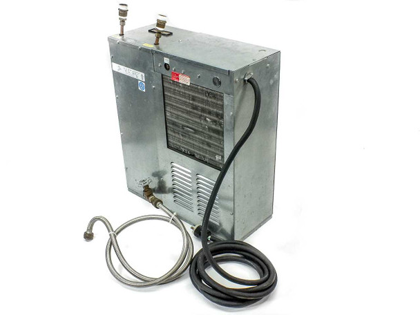 Elkay ER10-1B remote air-cooled water chiller — three-quarter front view showing condenser grille, top refrigerant fittings, flex water line, and power cord