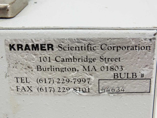 Kramer Scientific Corporation nameplate label on rear panel showing Burlington MA address, phone/fax numbers, and Bulb Number 64634