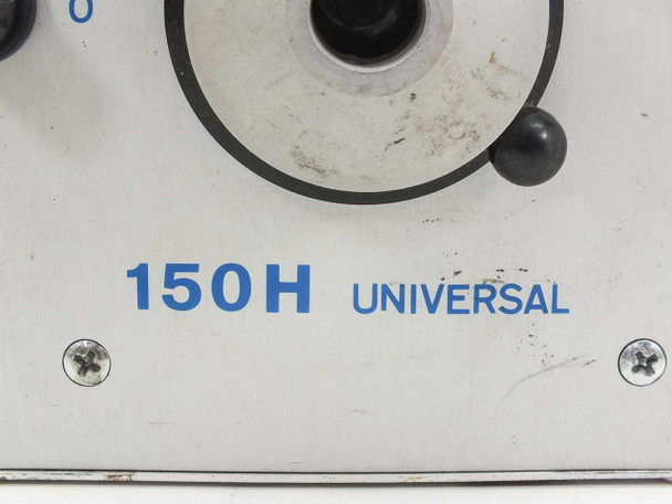 Close-up of front panel lower section showing '150H UNIVERSAL' model designation in blue lettering with intensity dial and fiber output port