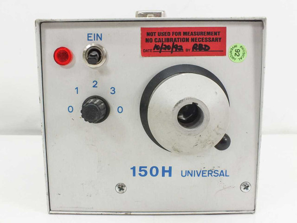 Kramer Scientific 150H front panel detail showing EIN toggle switch, red pilot lamp, 0–1–2–3 intensity rotary control, and red calibration sticker dated 10/30/92