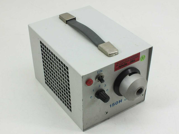Kramer Scientific 150H Universal fiber optic microscope lamp power supply — three-quarter front-left view showing ventilation grille, carry handle, EIN switch, intensity knob, and 15mm fiber port