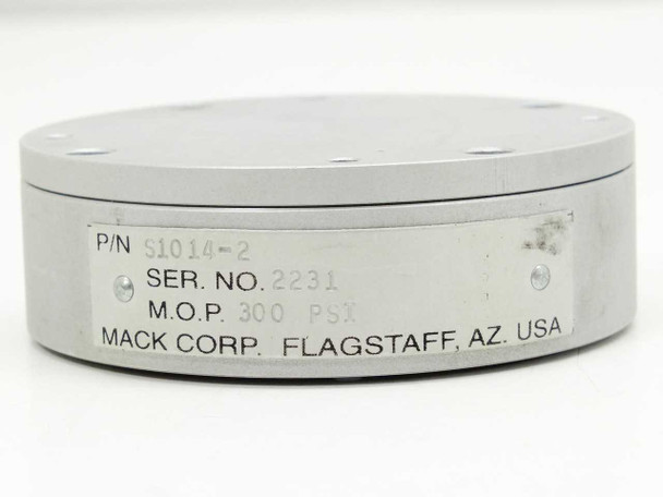 Mack Corp S1014-2 short stroke pneumatic cylinder – side/angled view showing label with P/N, serial number, M.O.P. 300 PSI, and Mack Corp Flagstaff AZ USA markings