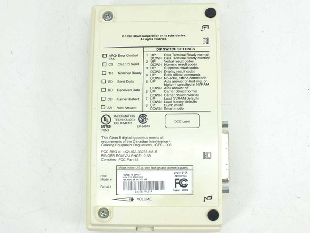 US Robotics Sportster 56K Faxmodem — rear panel showing DIP switch settings chart and FCC/UL certification labels
