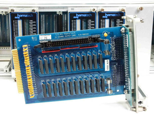 Steag Hamatech 24 Channel Output Card P/N 1060334 on green PCB with relay array, S/N 1281 label visible