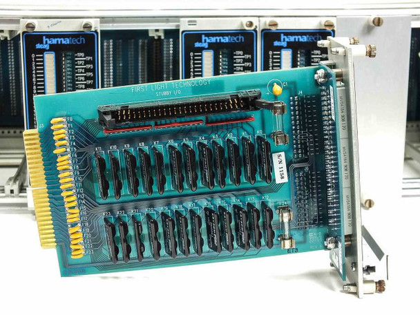 First Light Technology Stubby I/O card on green PCB with relay/connector array, S/N 118 label visible