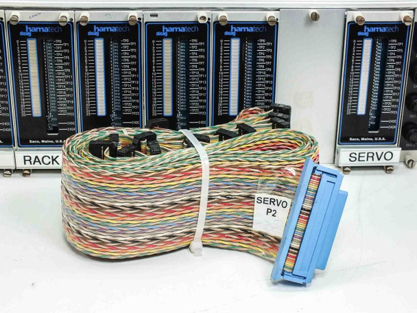 Steag Hamatech First Light chassis front view with Servo P2 ribbon harness cable laid out in foreground, Rack and Servo slot labels visible