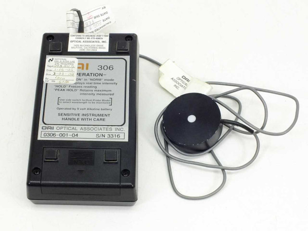 OAI 306 UV Powermeter rear panel showing model 0306-001-04 label, serial number 3316, and operation instructions with 365nm probe
