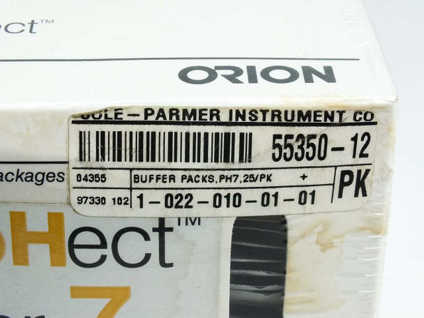 Orion perpHect Buffer 7 box label closeup showing Cole-Parmer part number 55350-12, buffer packs pH7 25/PK, and barcode