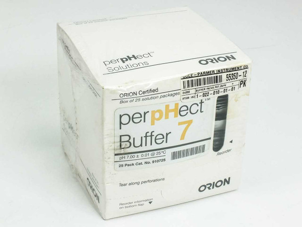 Orion 910725 perpHect Buffer 7 box of 25 solution packets, front view showing pH 7.00 ± 0.01 at 25°C and Cat. No. 910725