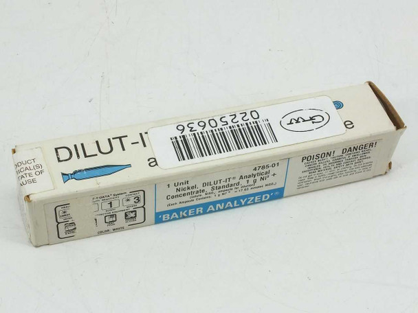 JT Baker 4785-01 DILUT-IT Nickel Analytical Concentrate box side showing BAKER ANALYZED label, part number 4785-01, and POISON DANGER warning
