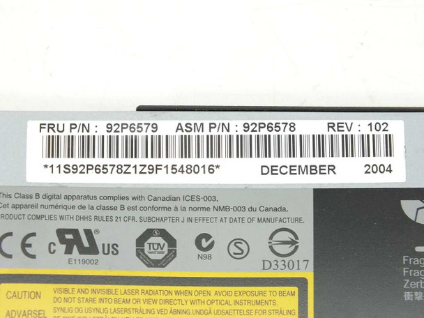 IBM 92P6579 label closeup – FRU P/N 92P6579, ASM P/N 92P6578, Rev 102, manufactured December 2004