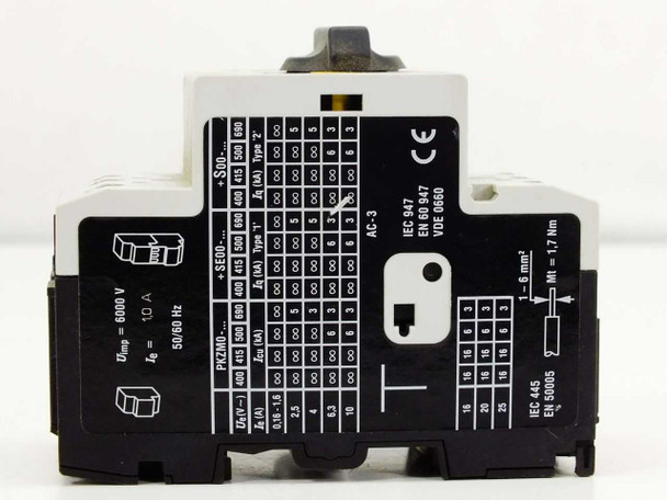 Moeller PKZM0-1 rear rating plate showing Uimp 6000V, Ie 10A, 50/60Hz, IEC 947, EN 60947, VDE 0660 certifications and trip curve table