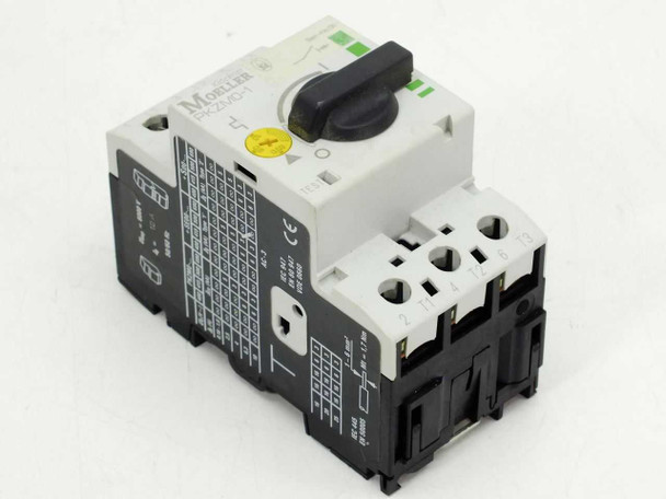 Moeller PKZM0-1 manual motor protector circuit breaker – front-left 3/4 view showing rotary handle and terminal blocks