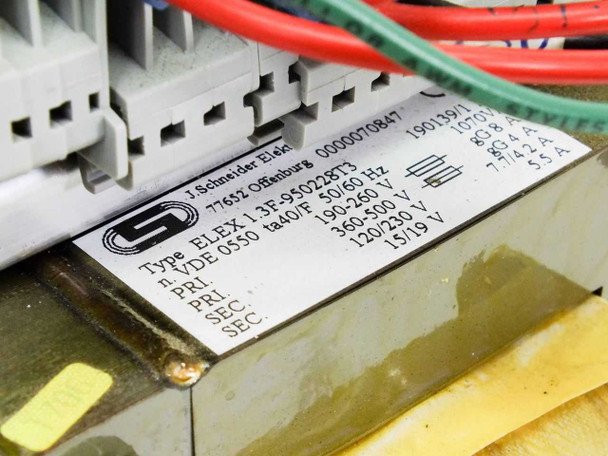 J Schneider ELEX 1.3F-950228T3 manufacturer label closeup showing type, VDE standard, PRI/SEC voltages, and current ratings