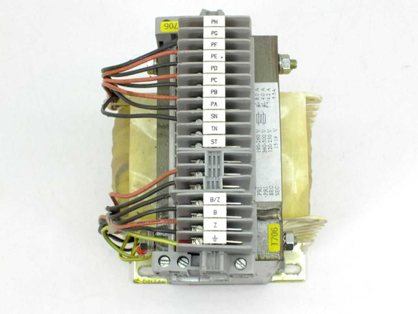 J Schneider ELEX 1.3F-950228T3 transformer – top-down front view of terminal block with labeled terminals and wiring