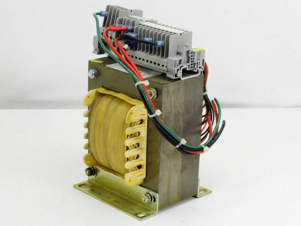 J Schneider ELEX 1.3F-950228T3 transformer – front-left view showing toroidal core, screw terminal block, and lead wires