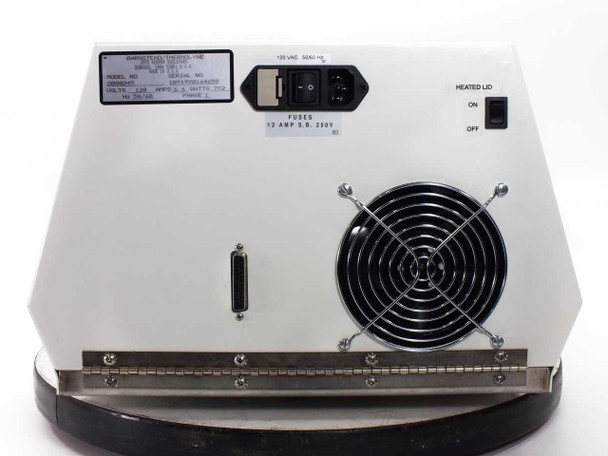 Barnstead Amplitron II DB80245 PCR Thermal Cycler — rear panel close-up showing 120VAC IEC inlet, 12 Amp 5.8 250V fuse rating, cooling fan, DB-25 connector, and Heated Lid On/Off toggle