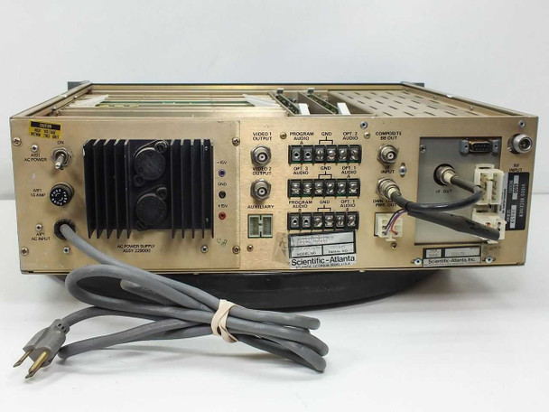 Scientific Atlanta 7500-02 rear panel full view — Video 1/2 outputs, Program and Optional audio terminal strips, Composite BB Out, IF Input, AC power supply section