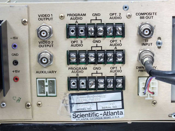 Scientific Atlanta 7500-02 rear panel connector detail — Video 1 Output, Video 2 Output, Program/Optional audio terminal strips, Composite BB Out BNC, IF Input BNC, Auxiliary connector, voltage test points