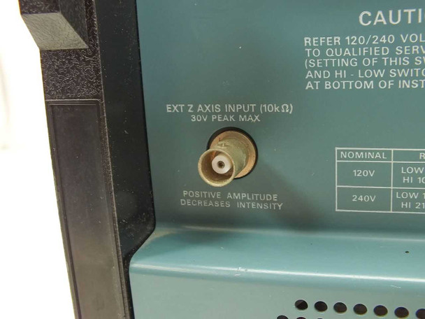 Tektronix T922 rear panel close-up — EXT Z AXIS INPUT BNC connector (10kΩ, 30V peak max) and voltage selection caution label
