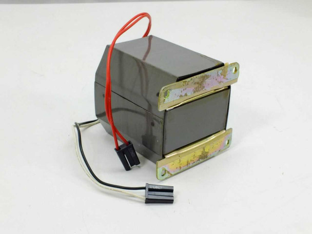 Apple 076-8119 YEK UT-5505 CRT power transformer close-up showing laminated core, gold mounting tabs, red and black flying leads with connector