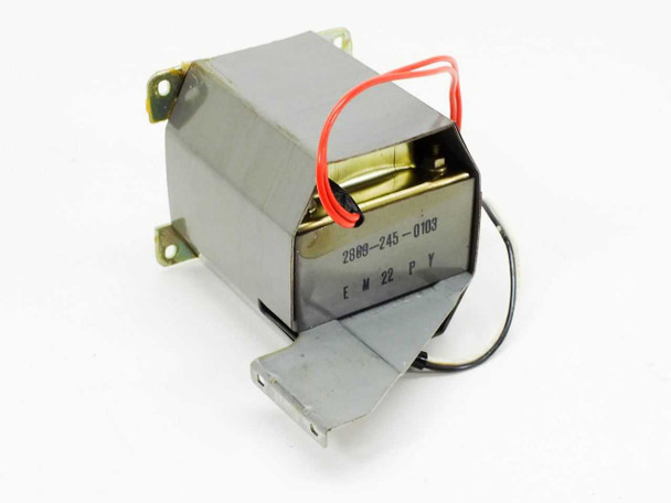 Apple 076-8119 transformer label side showing internal part number 2809-245-0103 and markings EM 22 PY with mounting bracket visible