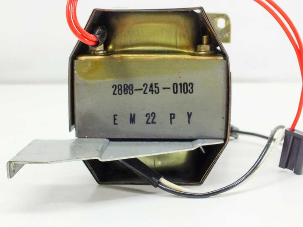 Apple 076-8119 transformer front view showing 2809-245-0103 and EM 22 PY label clearly with red lead and connector harness