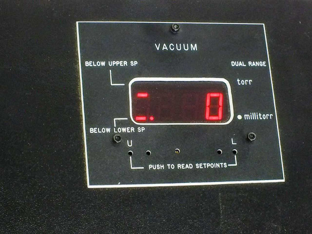 Triad Solutions Dual-Dewar Vacuum Controller — vacuum panel showing LED numeric display reading torr and millitorr with Below Upper SP, Below Lower SP, and Push to Read Setpoints controls
