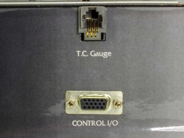 Close-up of rear panel connectors on Triad Solutions Dual-Dewar Vacuum Controller — RJ-style T.C. Gauge port and DB15 female Control I/O connector