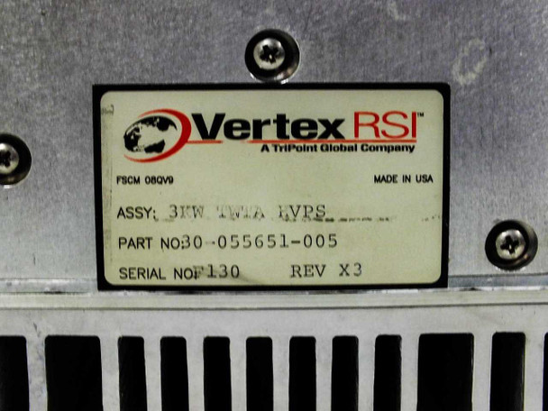 VertexRSI 30-055651-005 close-up of identification label showing ASSY: 3KW TWTA HVPS, Part No: 30-055651-005, Rev X3, FSCM 08QV9, Made in USA, TriPoint Global company designation