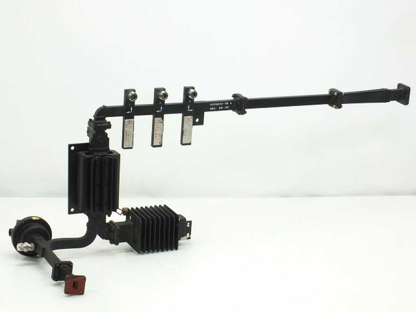 Varian VUU-8537 Ku C Band waveguide dummy load assembly — full right-side view showing flex-guide, heatsink termination, and coupler bar