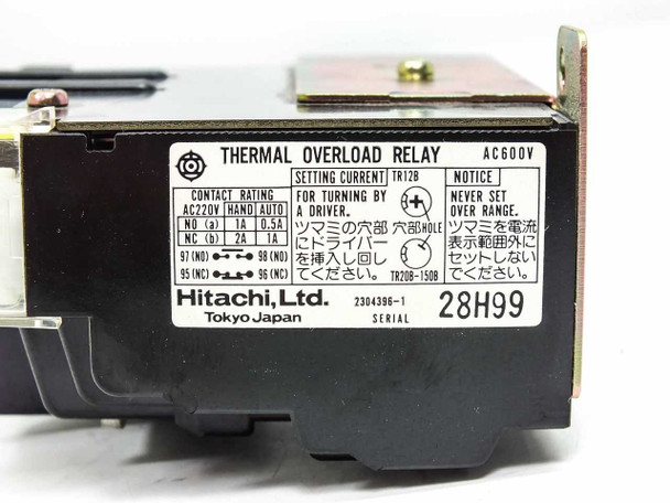 Hitachi TR80B-1E relay rating label showing AC600V, contact ratings, Hitachi Ltd. Tokyo Japan, serial 28H99