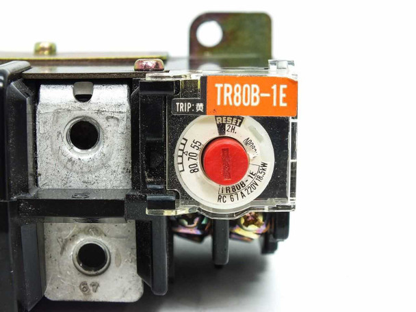 Hitachi TR80B-1E relay close-up of dial showing 80–70–55A setting range, red reset button, and trip indicator