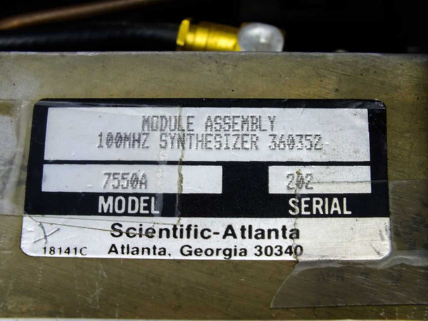 Scientific Atlanta 7550A module assembly label showing '100 MHz Synthesizer 360352', Model 7550A, Serial 202, manufactured in Atlanta Georgia