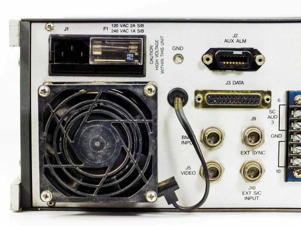Scientific Atlanta 7550A rear panel close-up showing J1 power inlet (120/240 VAC fuse block), cooling fan, J2 AUX ALM, J3 DATA, J5 VIDEO BNC, J9 EXT SYNC, J10 EXT S/C INPUT connectors