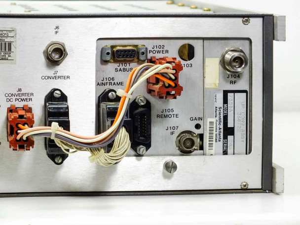 Scientific Atlanta 7550A rear panel right section showing J6 IF, J7 Converter, J8 Converter DC Power, J101 SABUS, J102 Power, J103, J104 RF, J105 Remote, J106 Ainframe, J107 IF connectors with orange wiring