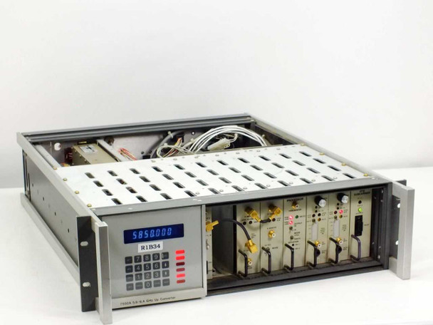 Scientific Atlanta 7550A Up-Converter 7550B Video Exciter rackmount chassis front-left view showing blue LED frequency display reading 5850.000, numeric keypad, and installed plug-in modules